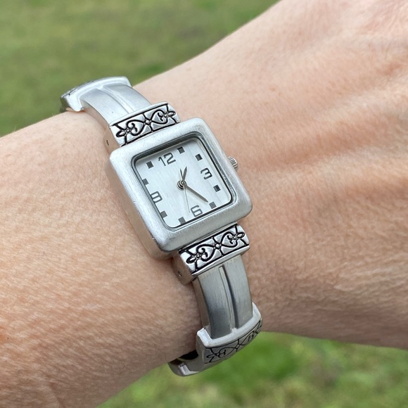 Silver tone cuff watch heart design accents - Picture 8 of 11